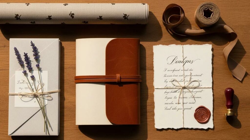 Thoughtful finishing touches for gifts including a handwritten note and elegant wrapping, enhancing emotional value.