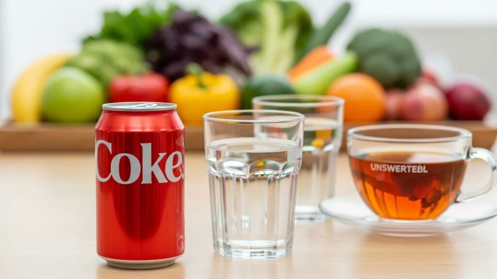 Variety of beverages including Coke and water, highlighting the impact of sugar-sweetened drinks on liver health