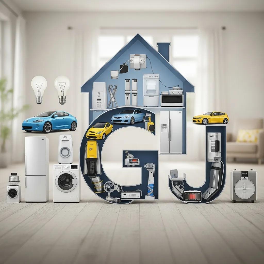 Various household appliances illustrating energy consumption in relation to a gigajoule, set in a home environment