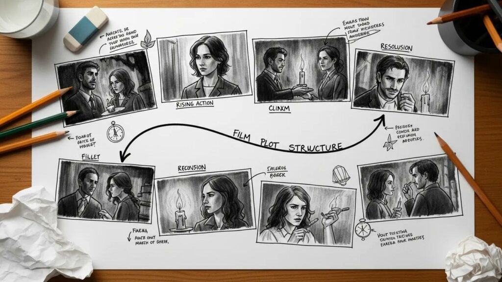 Visual representation of film plot structure with storyboard sketches