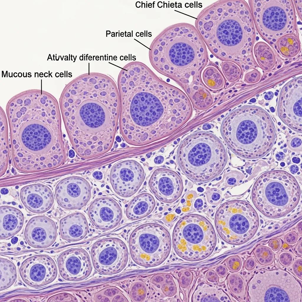 Visual representation of gastric cell types involved in stomach lining regeneration, highlighting their roles
