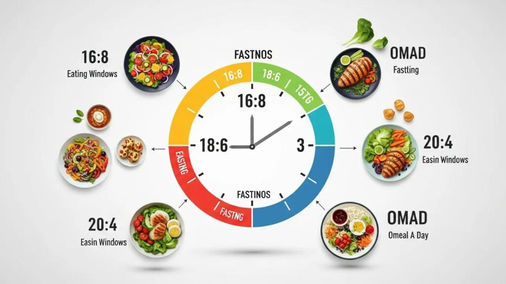Visual representation of intermittent fasting schedules with clocks and healthy meals