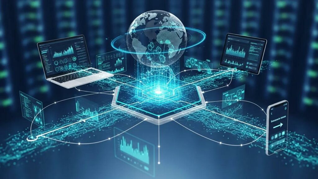 Visual representation of real-time data synchronization and integration in a digital environment