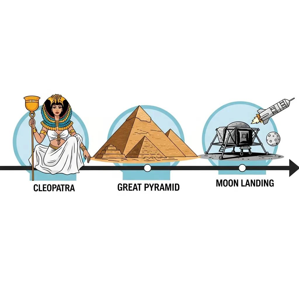 A timeline showing the chronological distance between Cleopatra, the Great Pyramid, and the Moon Landing with engaging visuals