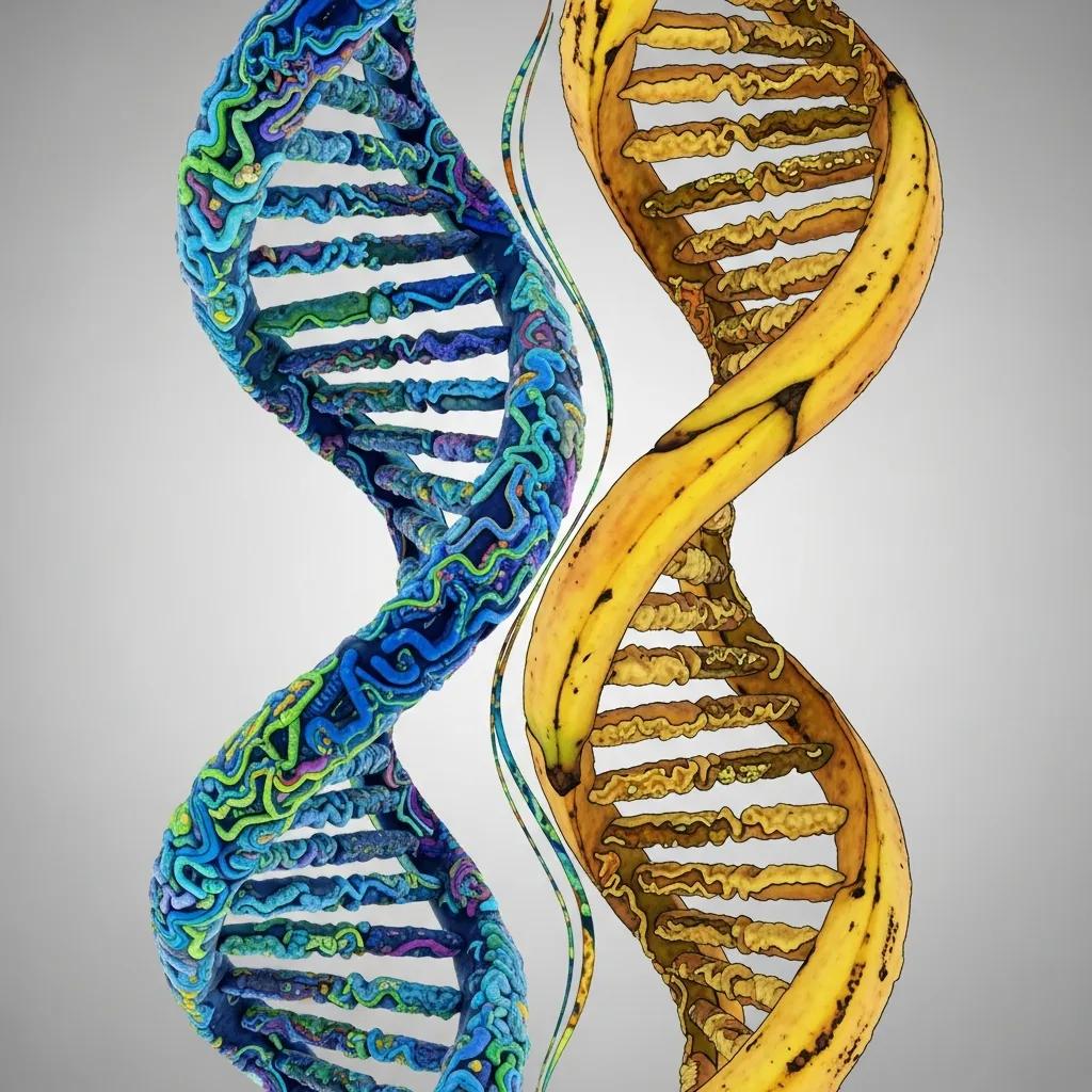 Artistic representation of human and banana genome sequences highlighting genomic comparison