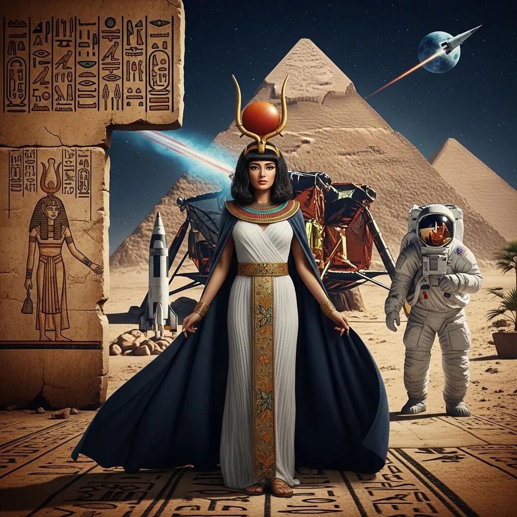 Cleopatra in front of a moon landing backdrop, blending ancient Egyptian and modern space exploration themes