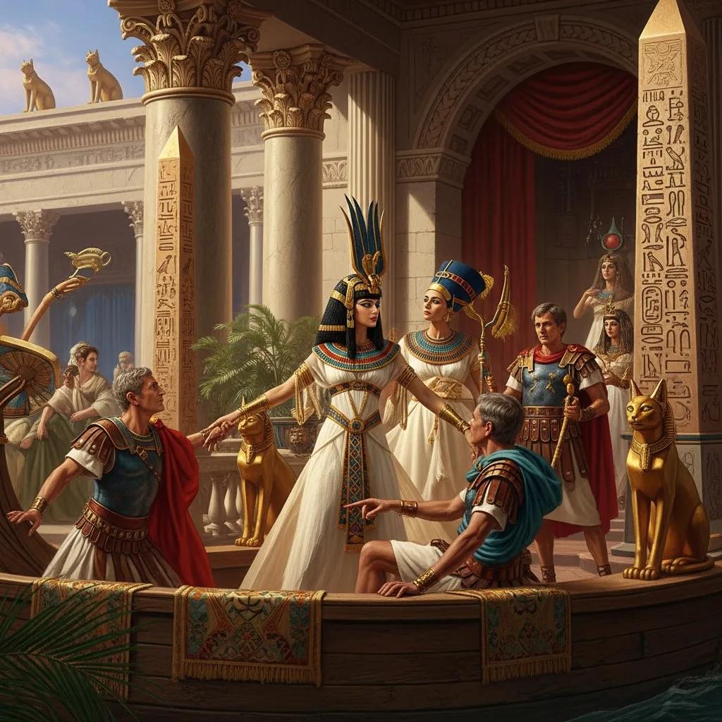 Cleopatra surrounded by elements of her historical context, showcasing the blend of Egyptian and Roman influences