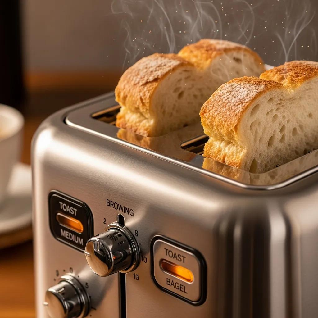 Close-up of a toaster with slices of bread toasting, representing energy consumption in food preparation