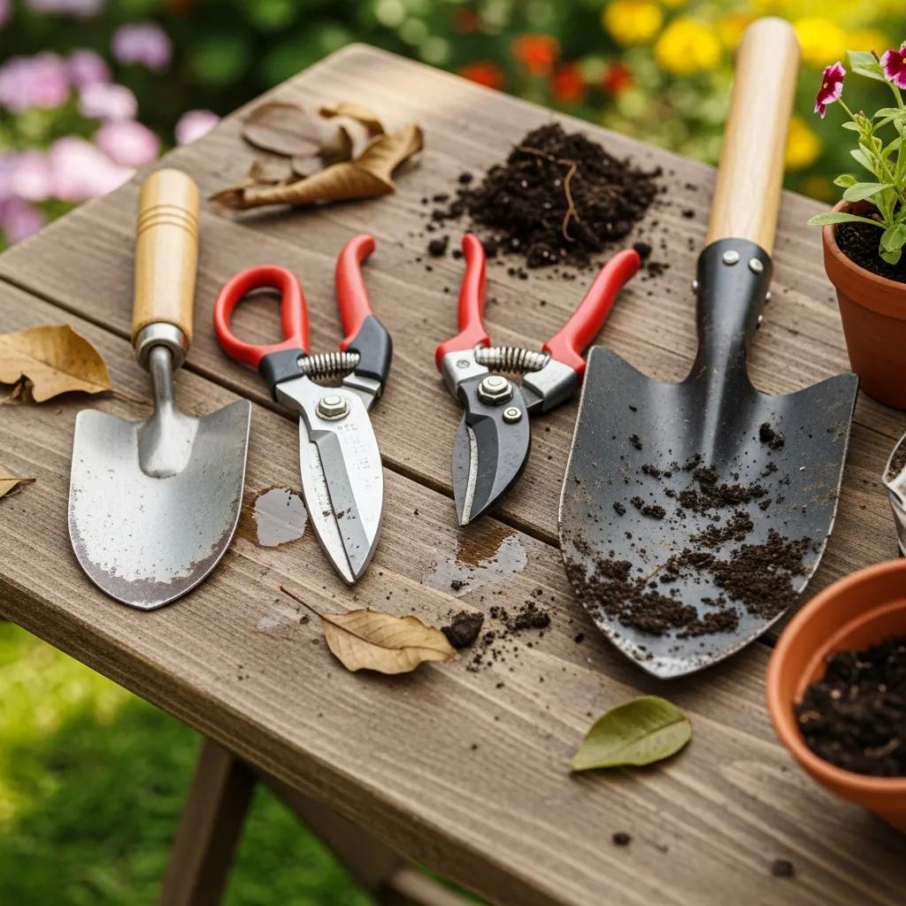 Different types of used gardening tools displayed on a table, highlighting their importance in gardening care and maintenance
