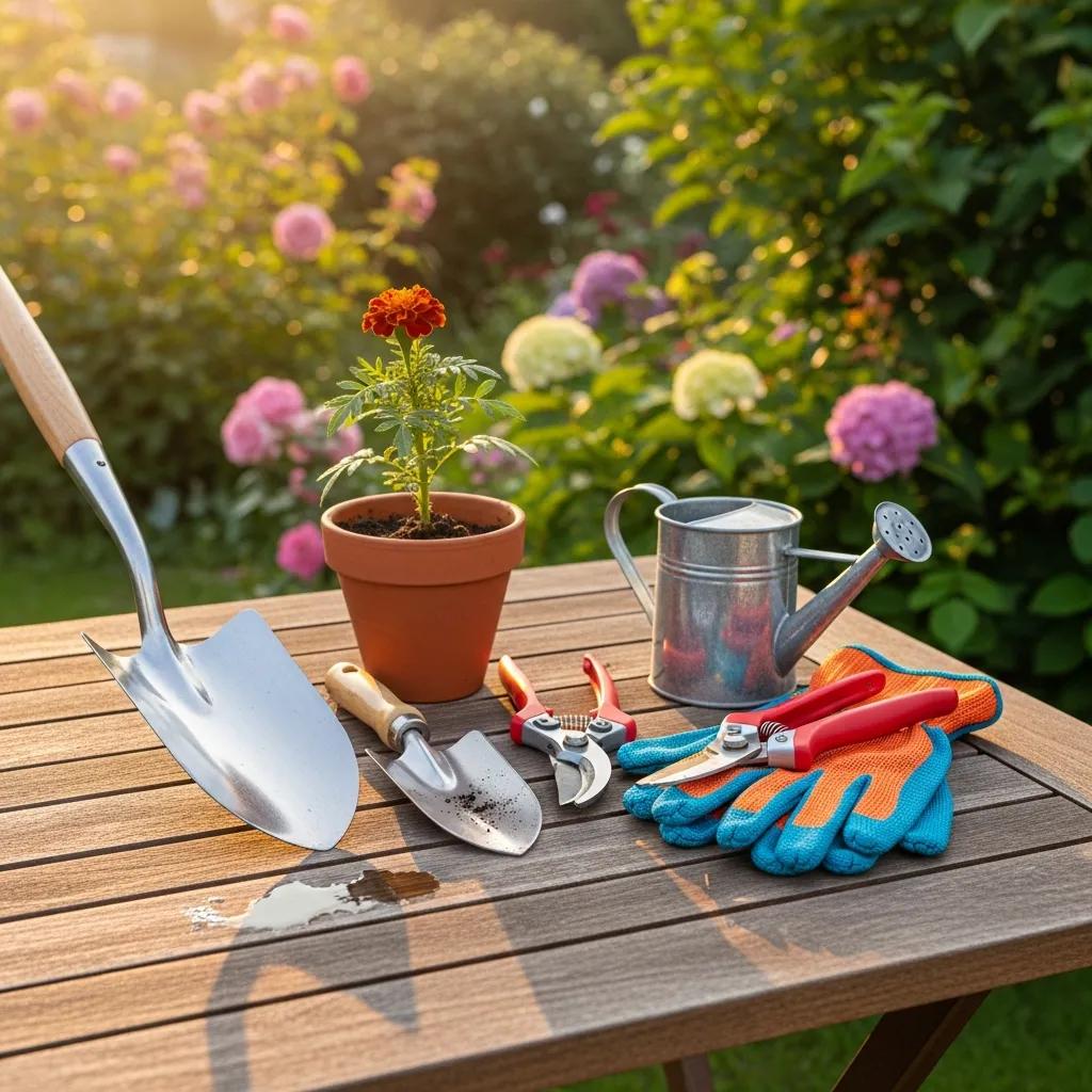 Essential gardening tools for beginners including spade, hand trowel, pruning shears, and gloves on a garden table