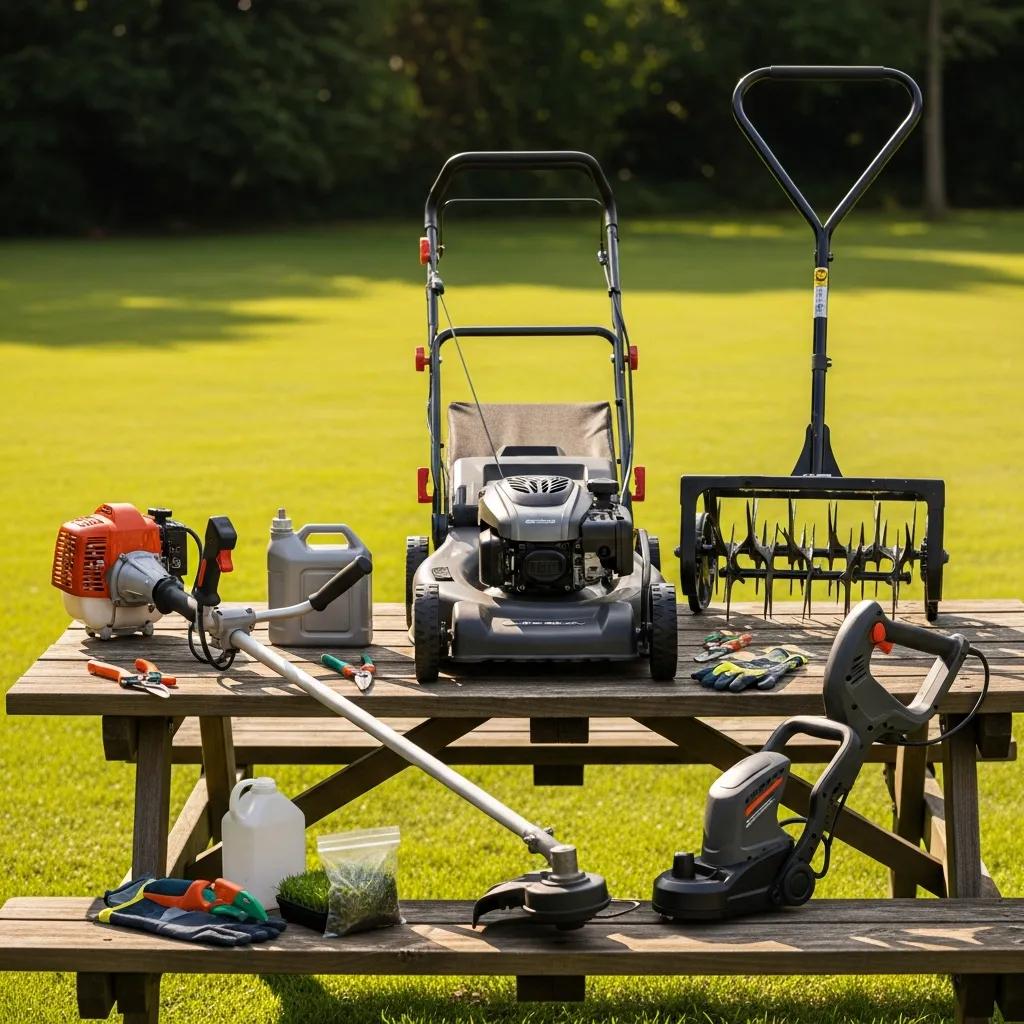 Essential lawn care tools including a mower, trimmer, and aerator on a wooden table