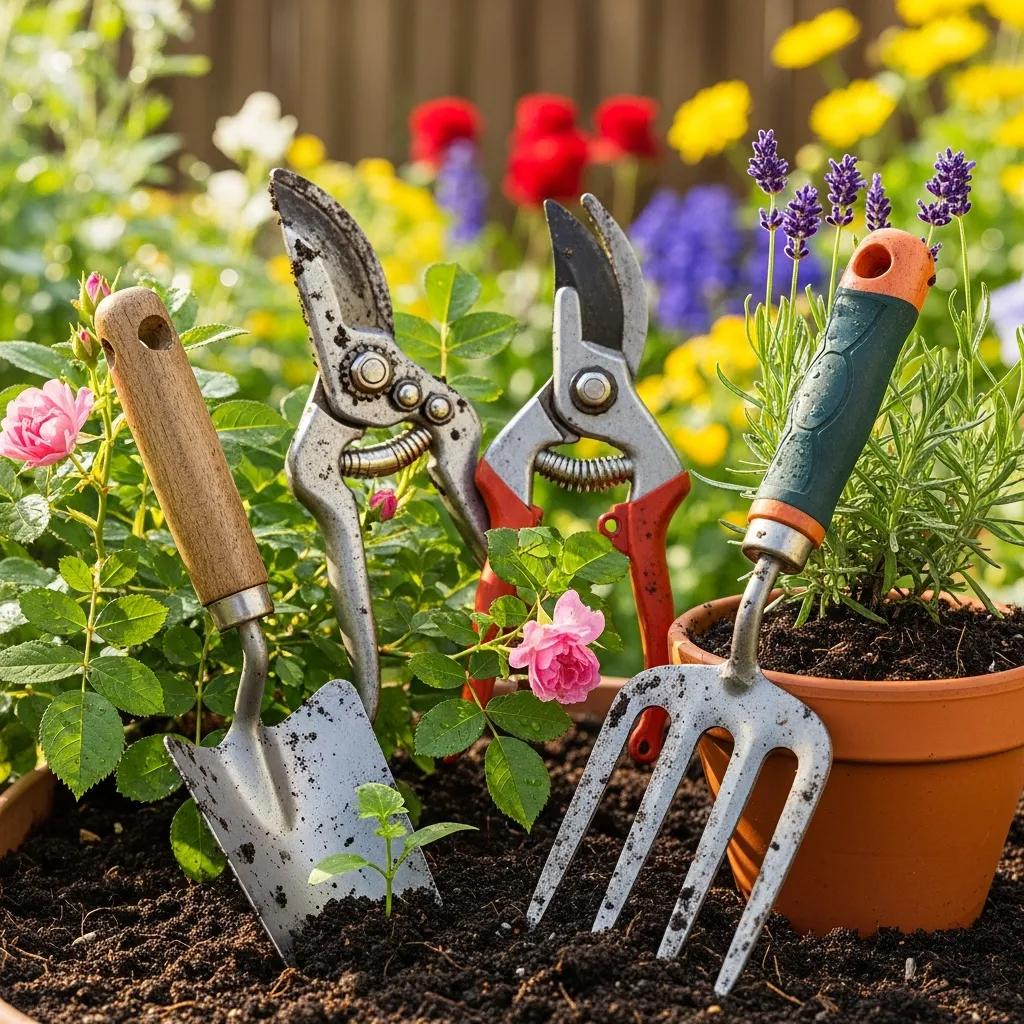 Garden hand tools including a trowel and pruning shears in a vibrant garden setting