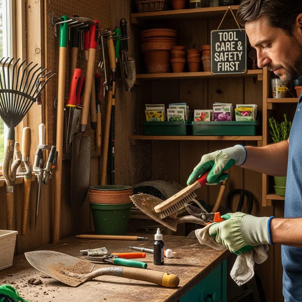 Gardener maintaining tools by cleaning a spade and oiling pruning shears in a garden shed