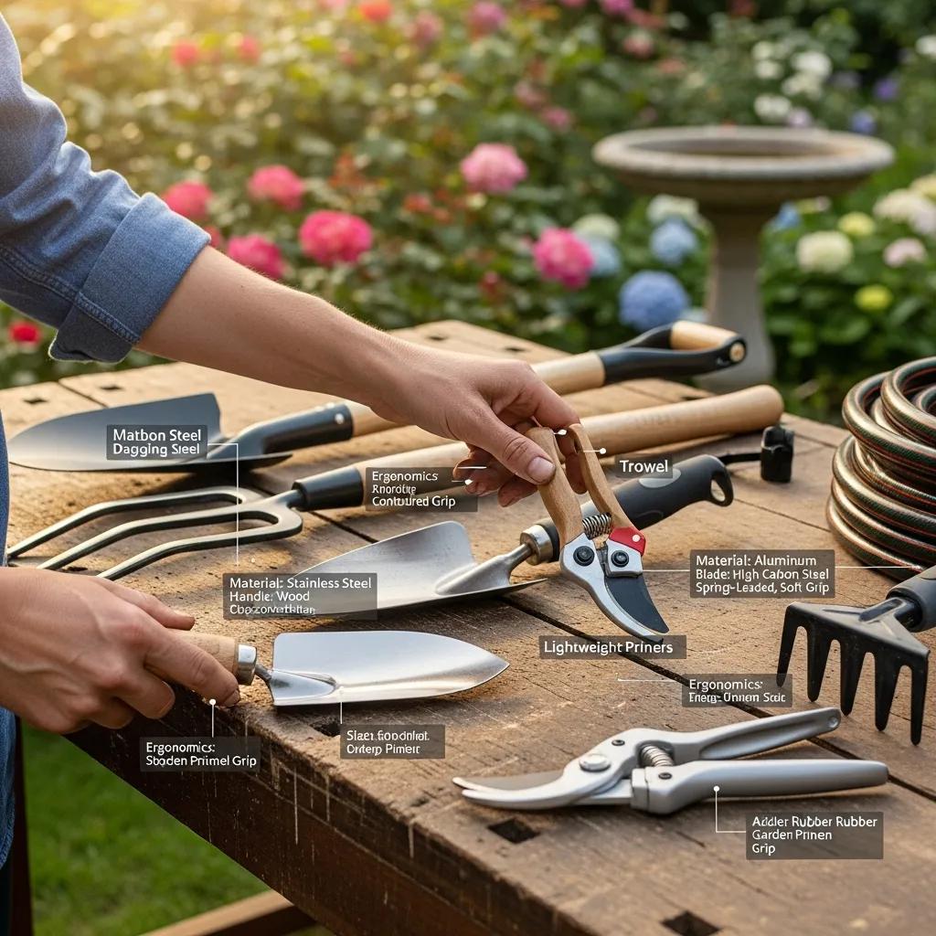 Gardener selecting tools based on material, size, and ergonomics with various tools displayed