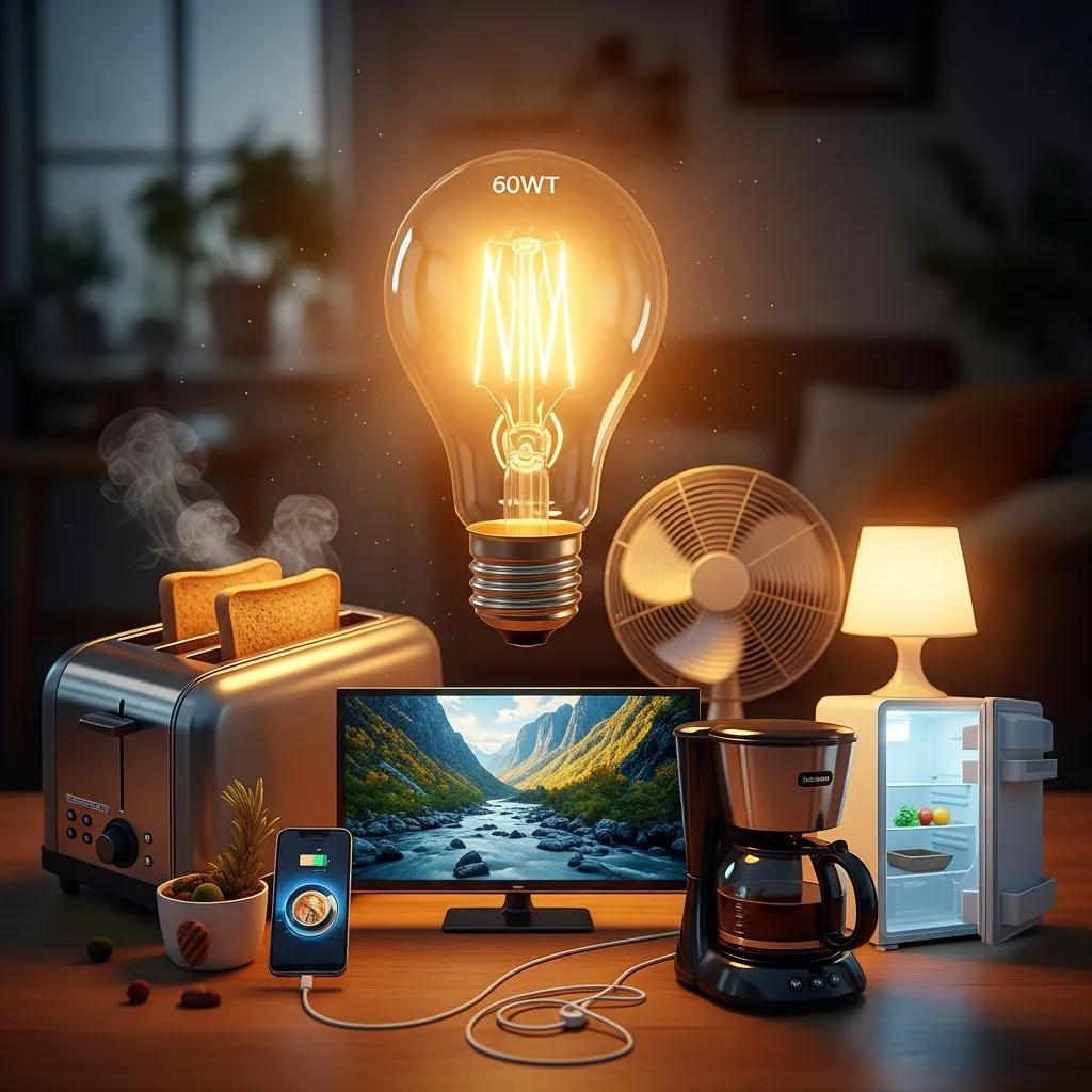Household setting with a glowing 60 W light bulb and appliances, illustrating energy consumption in everyday life