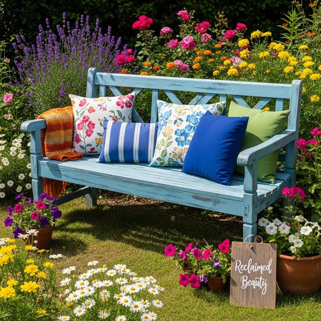 Restored garden furniture in a vibrant garden, showcasing the beauty of upcycling and sustainable gardening practices