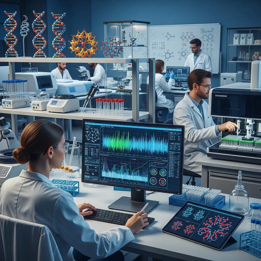 Scientists in a lab analyzing DNA sequences related to housekeeping genes