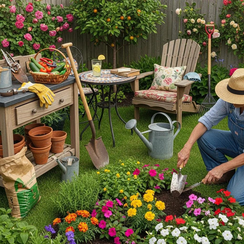 Used gardening tools and furniture in a vibrant garden setting, emphasizing sustainability and reuse