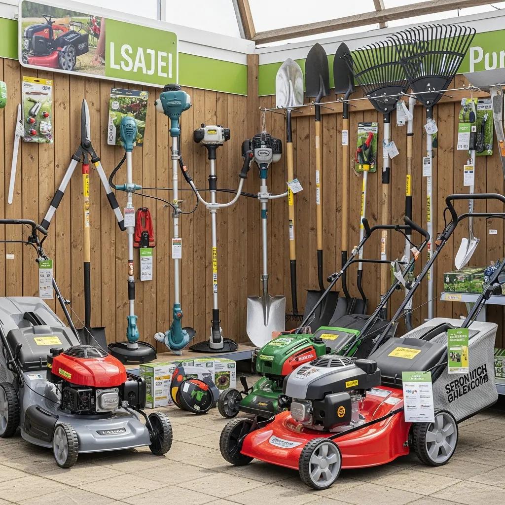 Variety of gardening tools for sale in a local store, including lawn mowers and trimmers
